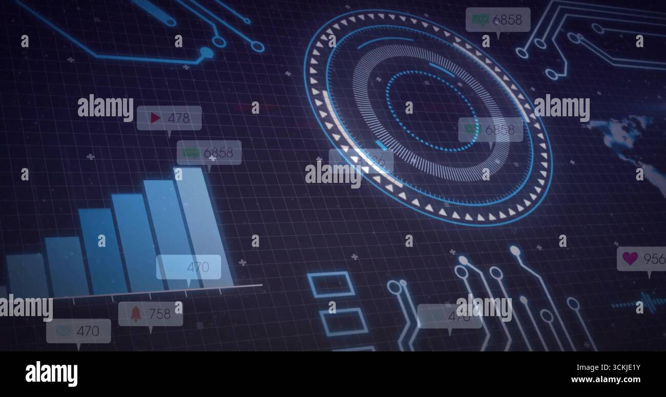 High-tech dashboard displaying data on grid with bar chart, numeric badges and HUD, copy space Stock Photo