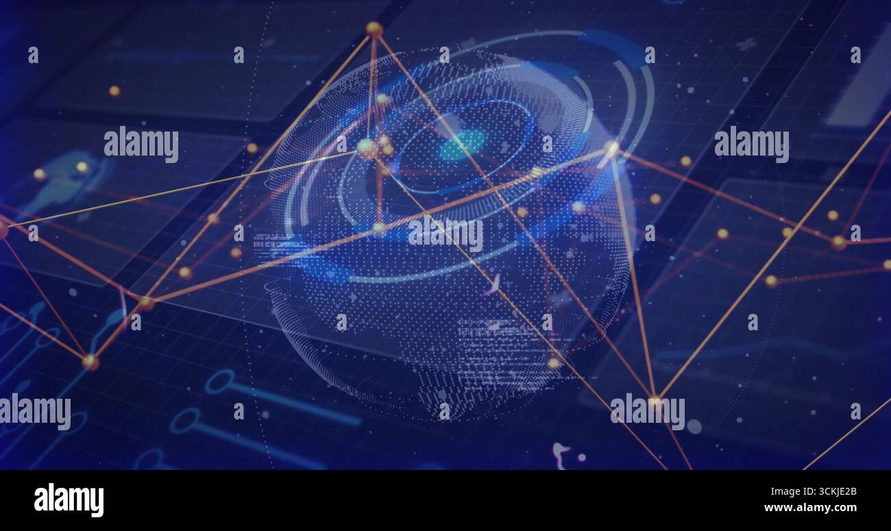 Displaying central holographic globe floating in UI, with glowing network nodes and data indicators Stock Photo