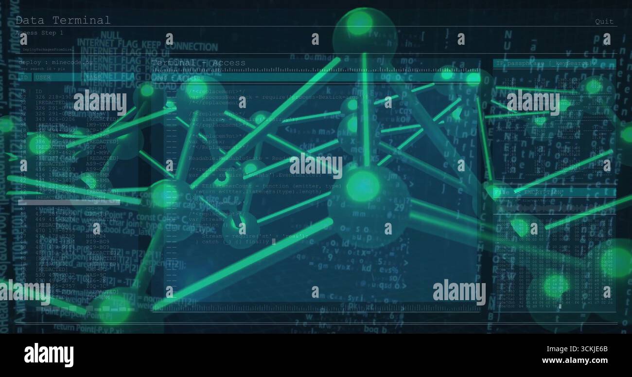 Displaying 3D network graph floating within terminal window, with glowing green nodes and links Stock Photo