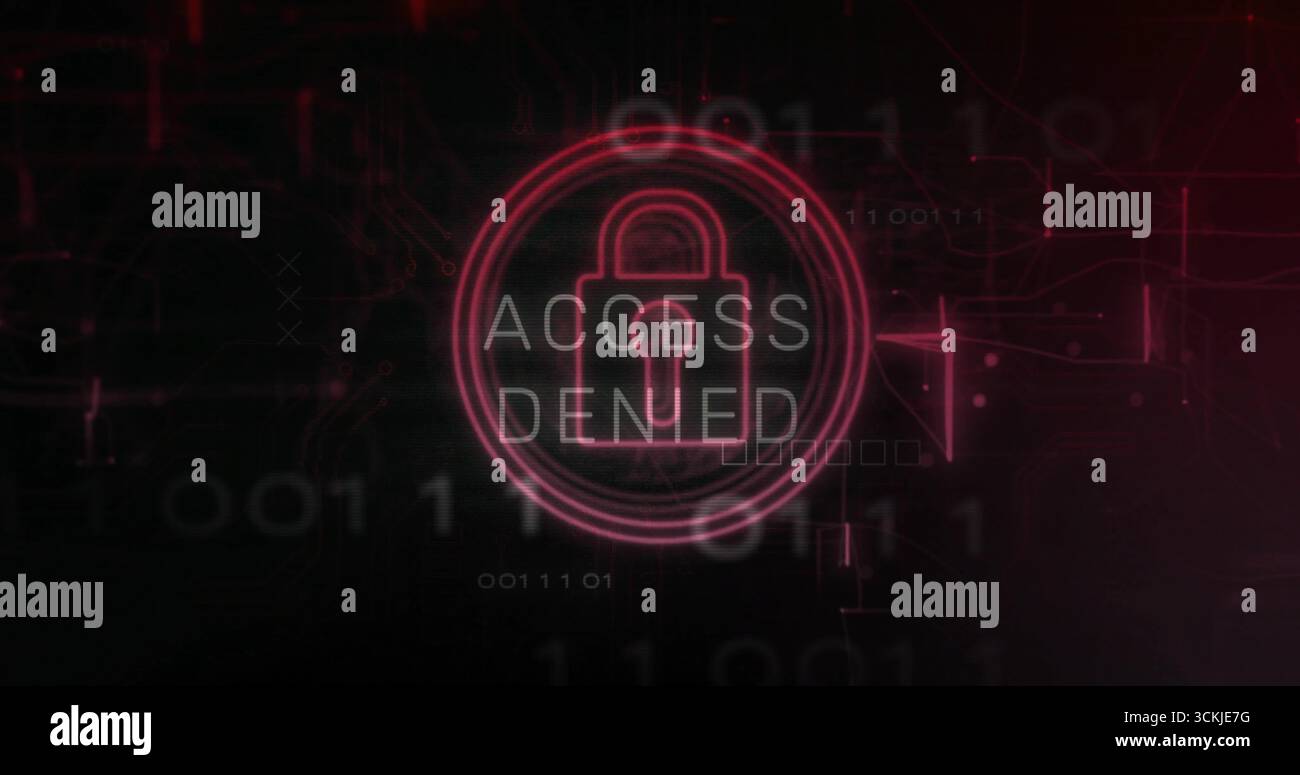 Pulsing neon-red lock icon with ACCESS DENIED text on screen, with binary digits, circuit lines Stock Photo