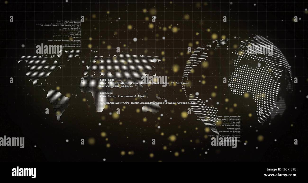 Displaying dotted world map and globe streaming code snippets over dark grid, with glowing lights Stock Photo