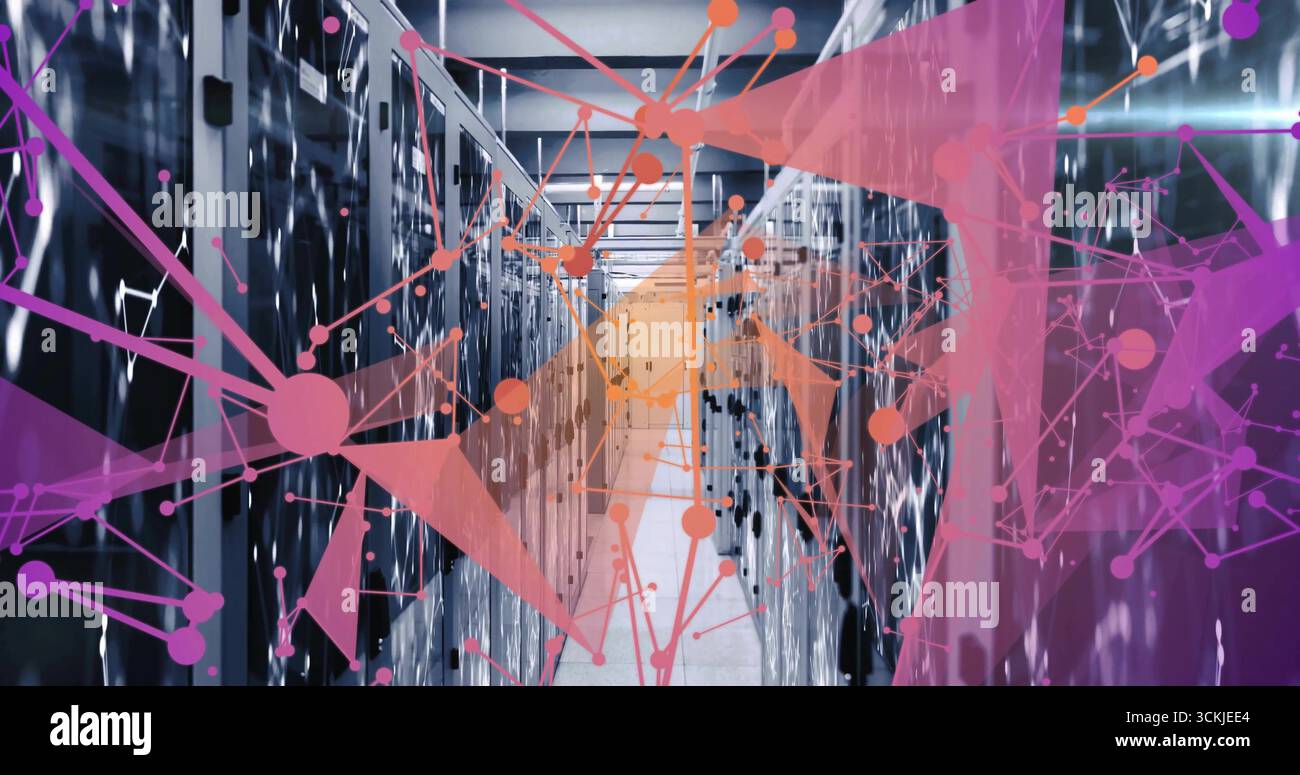 Glowing server racks lining data center corridor reflecting LEDs on floor, digital network overlay Stock Photo