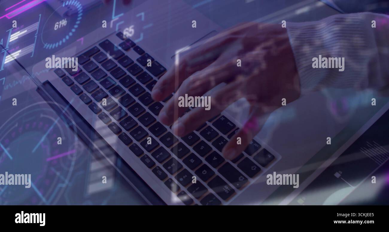 Typing professional hands pressing laptop keyboard at office desk, with ...