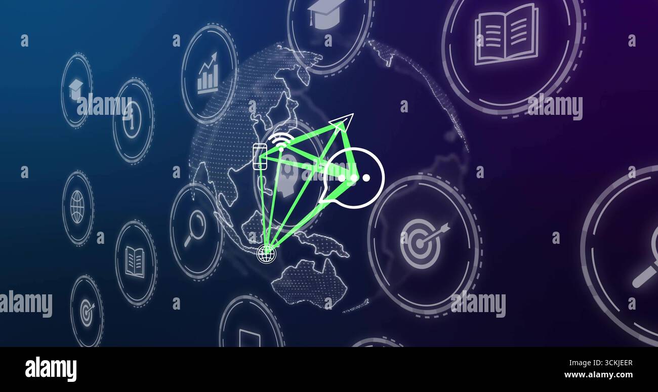 Highlighting bright green network node showing data flow across dotted globe interface with icons Stock Photo