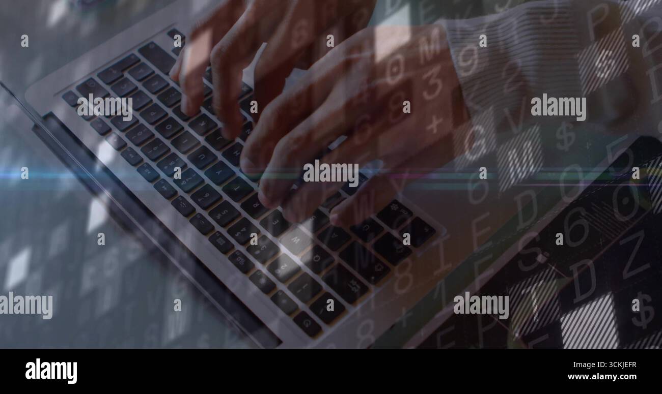 Typing man's hands pressing laptop keys at workspace, with floating code graphics overlay Stock Photo