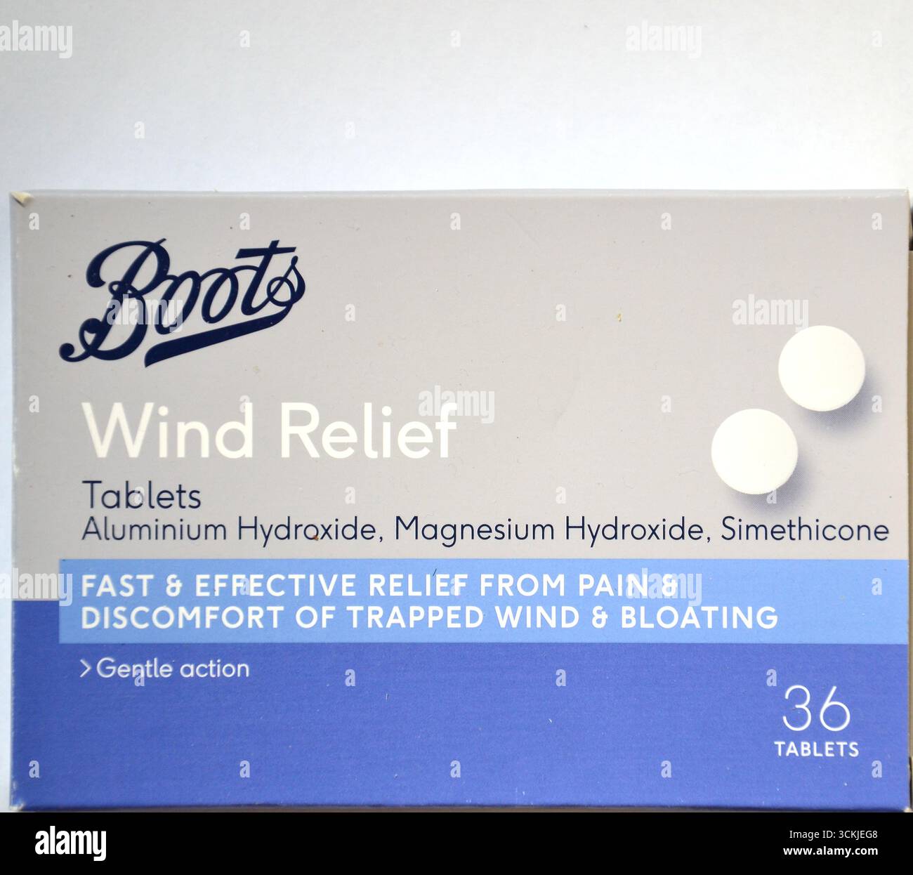 Box of Boots Wind Relief tablets containing aluminium hydroxide ...