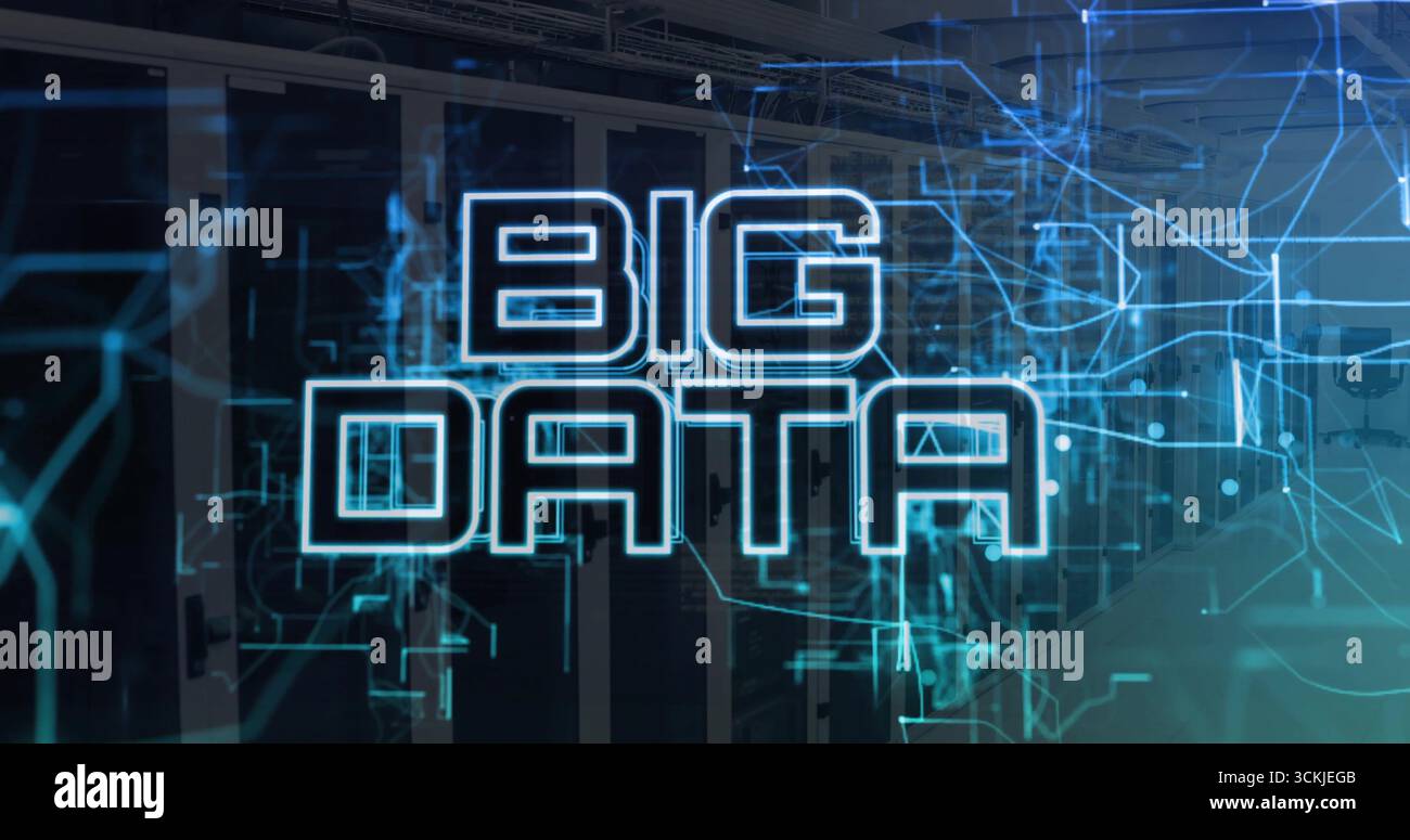 Displaying neon-blue BIG DATA text in data center corridor, with server racks and network overlay Stock Photo