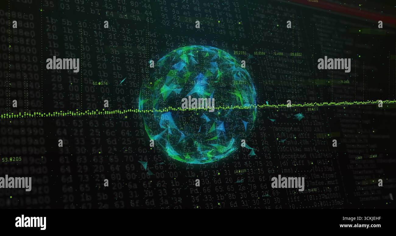 Rotating wireframe globe showing data waveform in data interface, with lit nodes, code columns Stock Photo