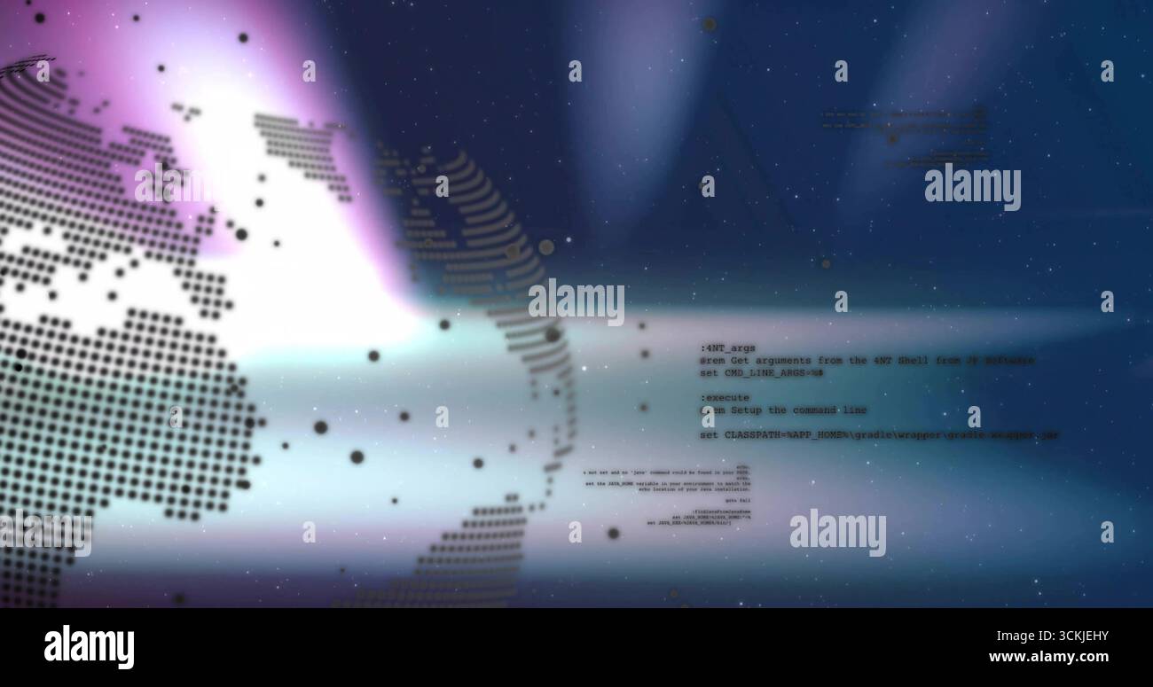 Rotating dotted globe occupying left of digital interface, with floating code fragments, copy space Stock Photo
