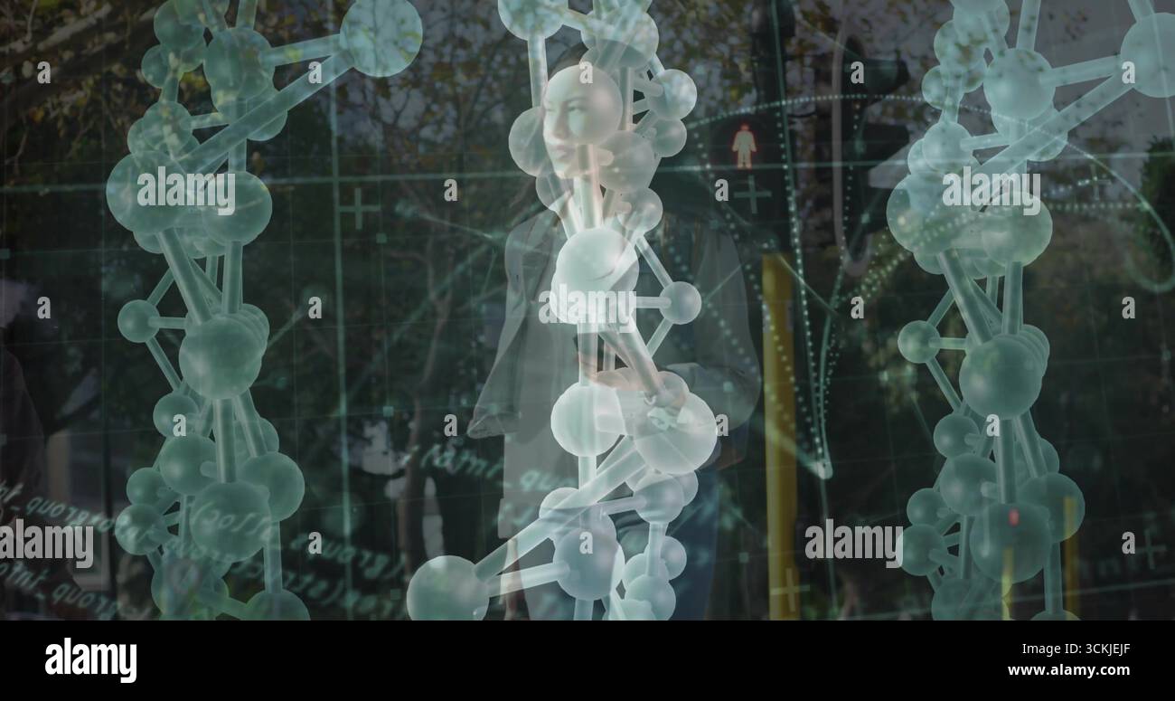 Displaying molecular chain over wooded AR scene, with floating data overlays, connection points Stock Photo