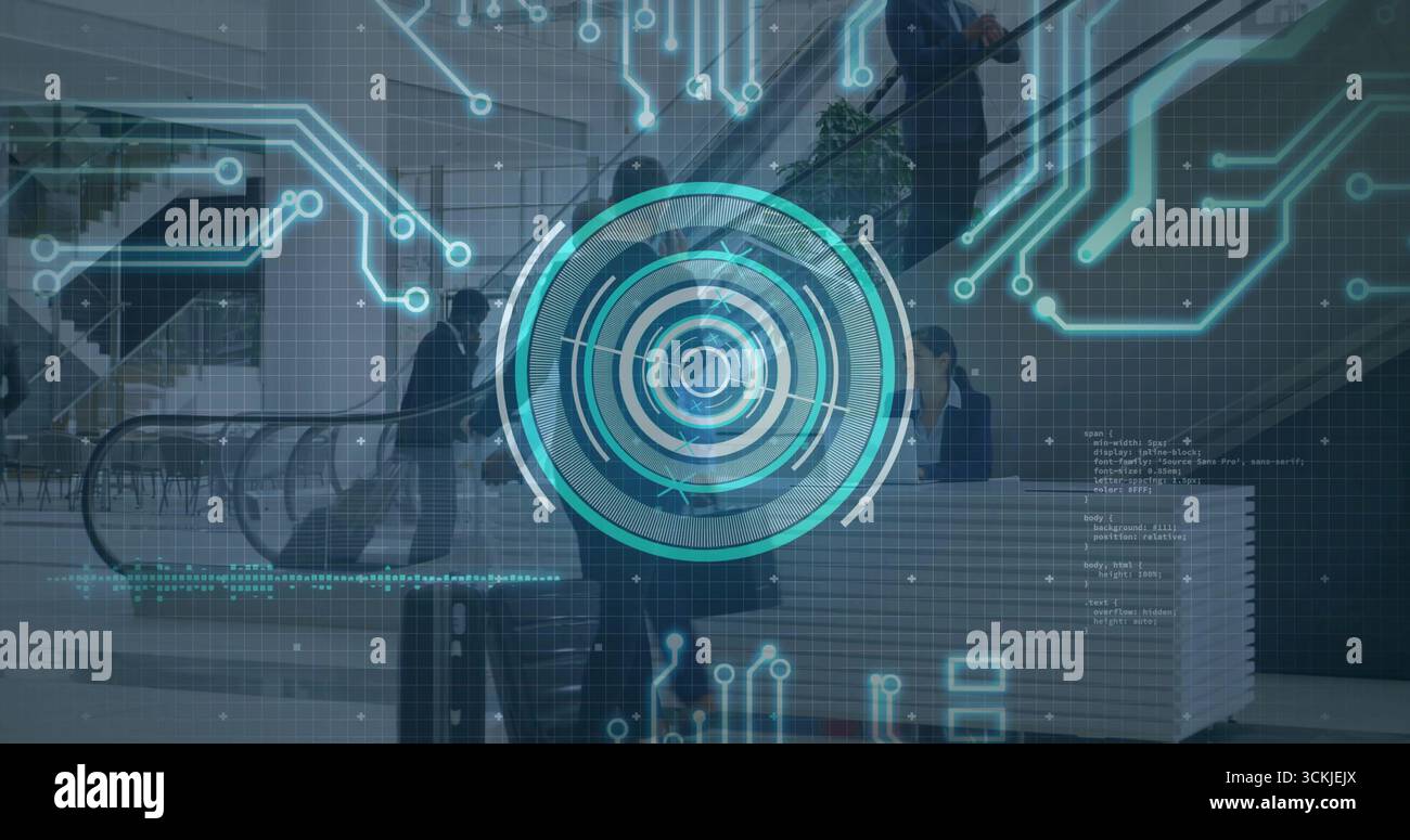 Displaying translucent circular interface hovering in corporate lobby, with escalator and railings Stock Photo