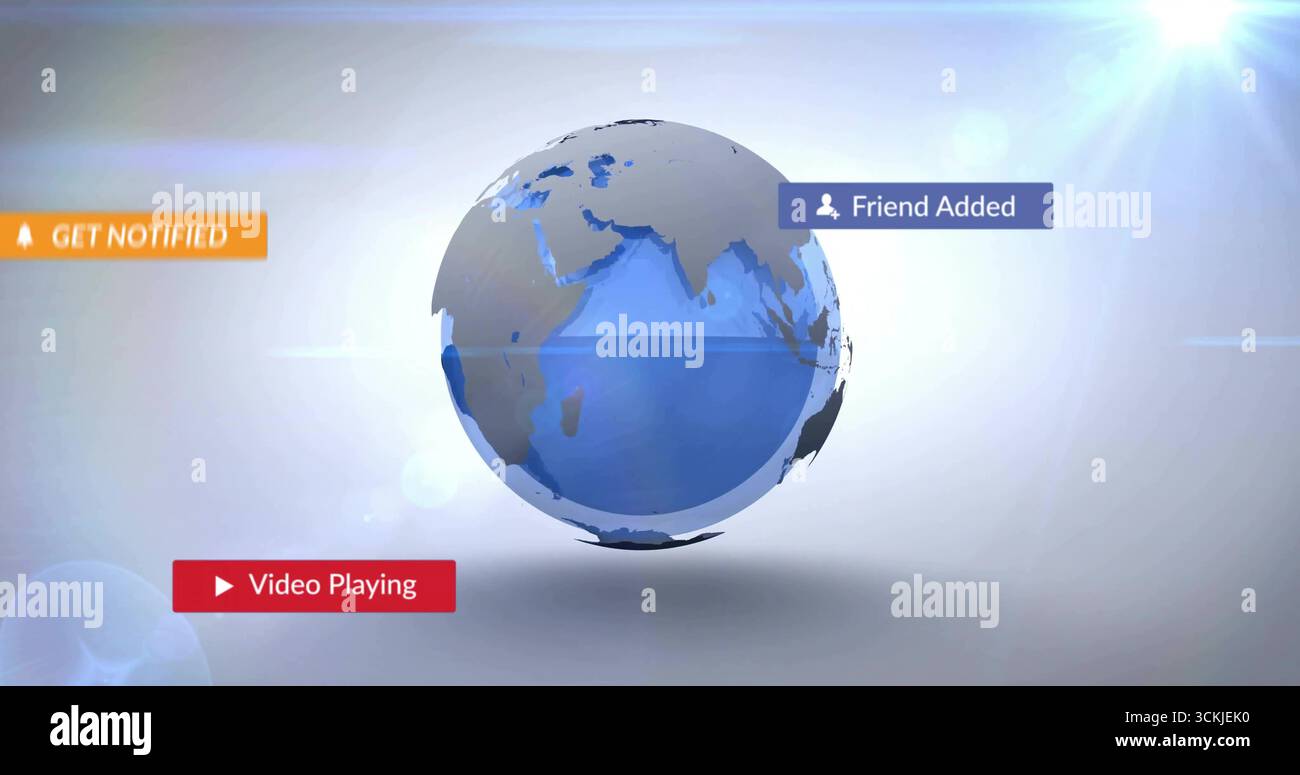 Rotating 3D globe floating in digital interface, with UI notification panels and lens flare Stock Photo