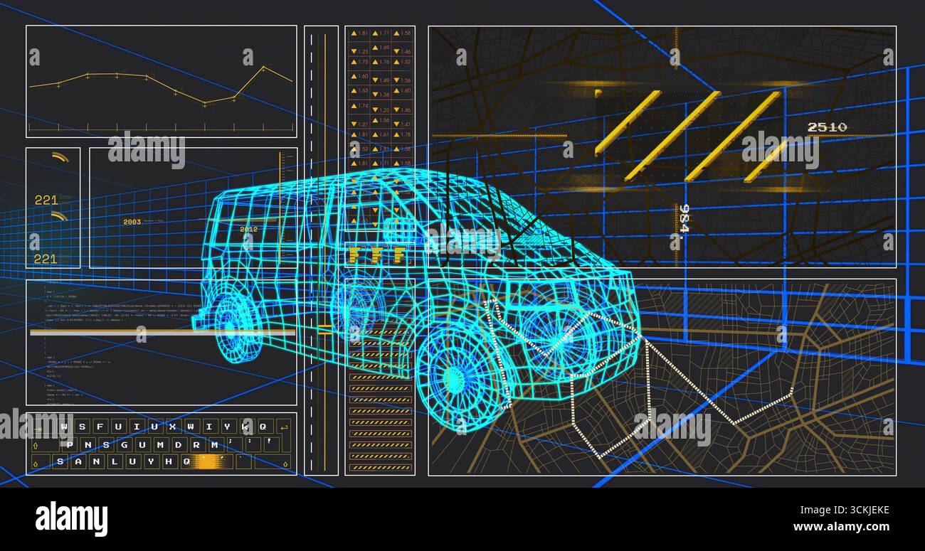 Rendering neon 3D wireframe van model in CAD interface, with grid lines and dimension labels Stock Photo