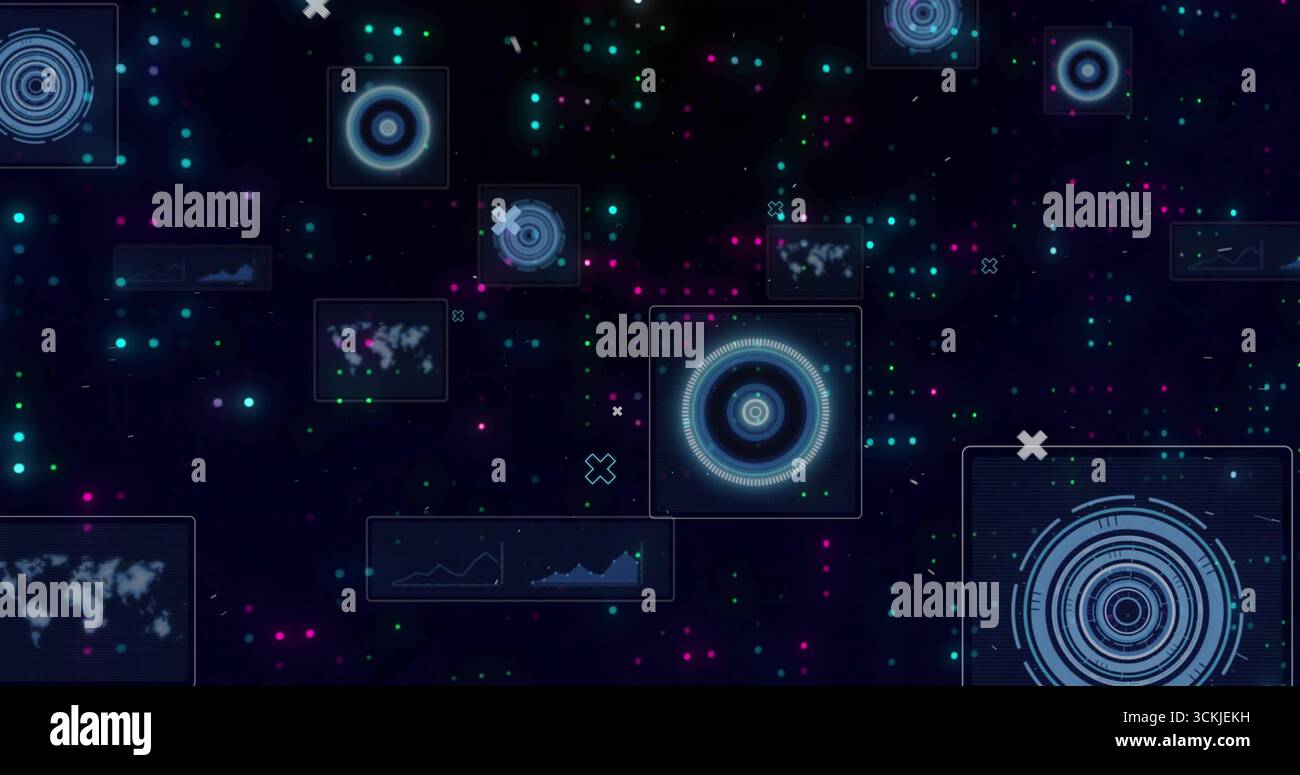 Floating concentric HUD element glowing in data environment, with graph and map panels, icons, dots Stock Photo