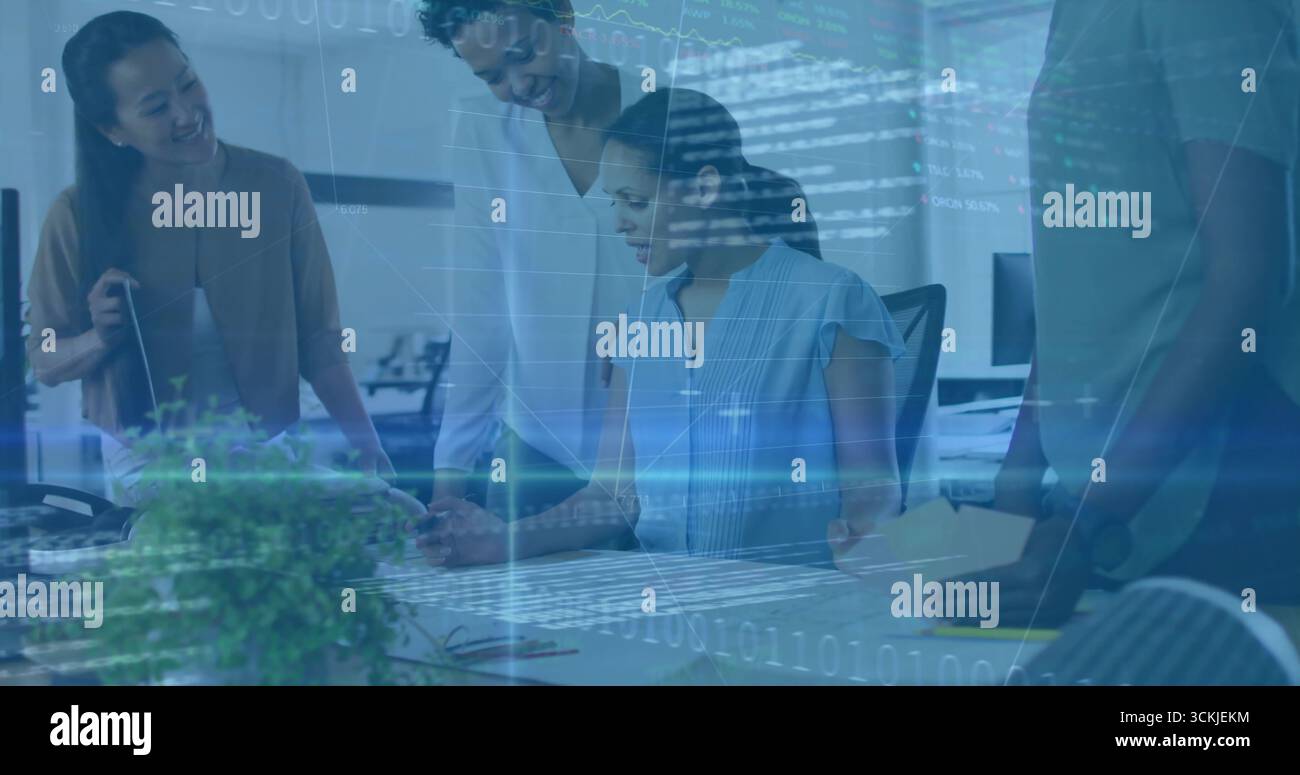Collaborating women analyzing documents on laptop at office desk, with code and graph overlay Stock Photo