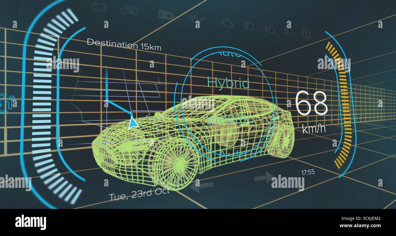 Displaying neon yellow wireframe car in grid interface, with speedometer and navigation arrow Stock Photo