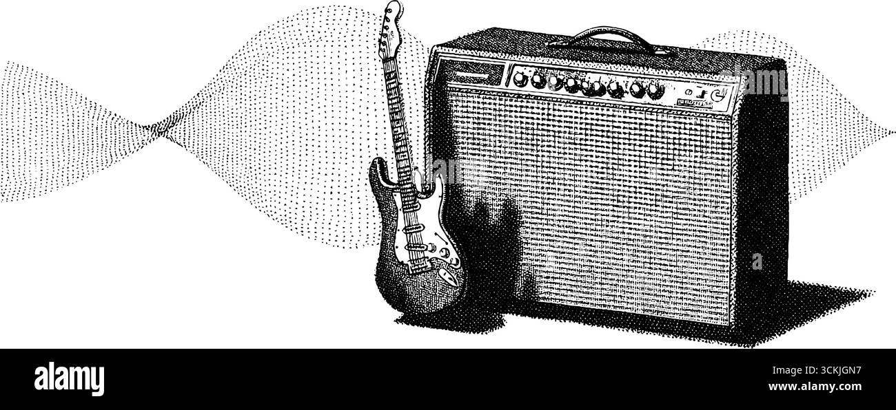 Vintage electric guitar and amplifier with music wave sketch for music ...