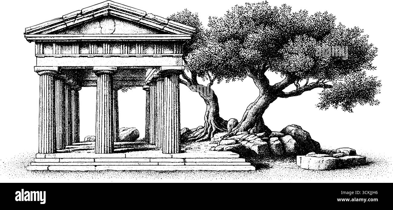 Ancient ionic temple ruins with fallen columns and olive tree – vintage ...
