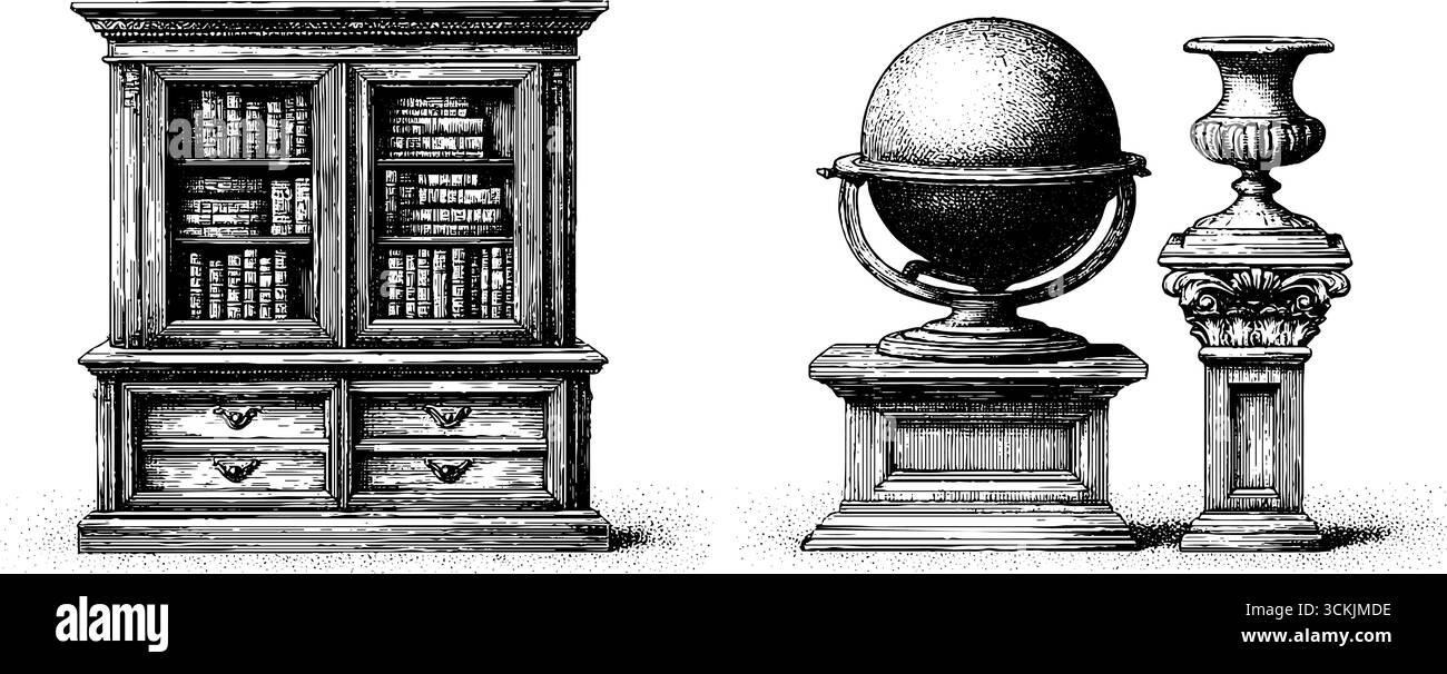 Classic Renaissance Library Vintage renaissance library with tall bookcases and globe sketch for ...