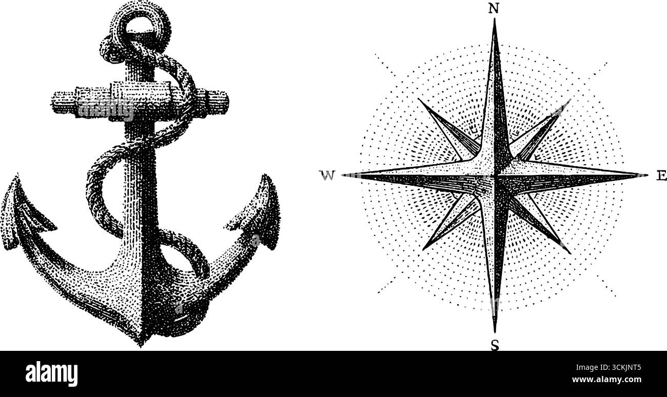 Vintage nautical anchor and compass dotwork design for tattoos and art ...