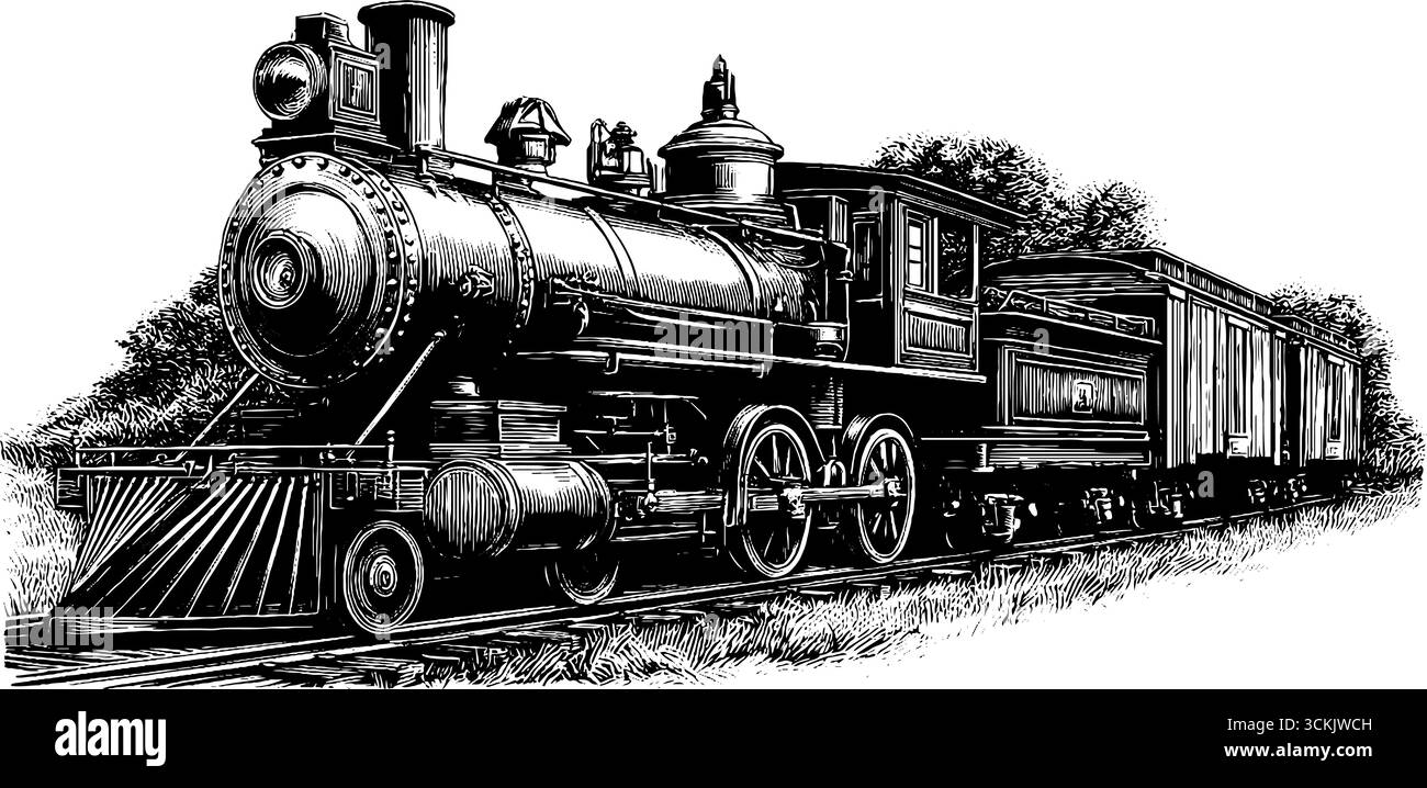 Vintage black and white engraving of a steam locomotive train ...