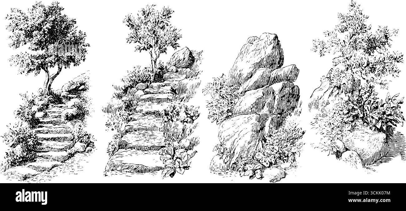 Vintage black and white engraving illustration of scenic nature ...
