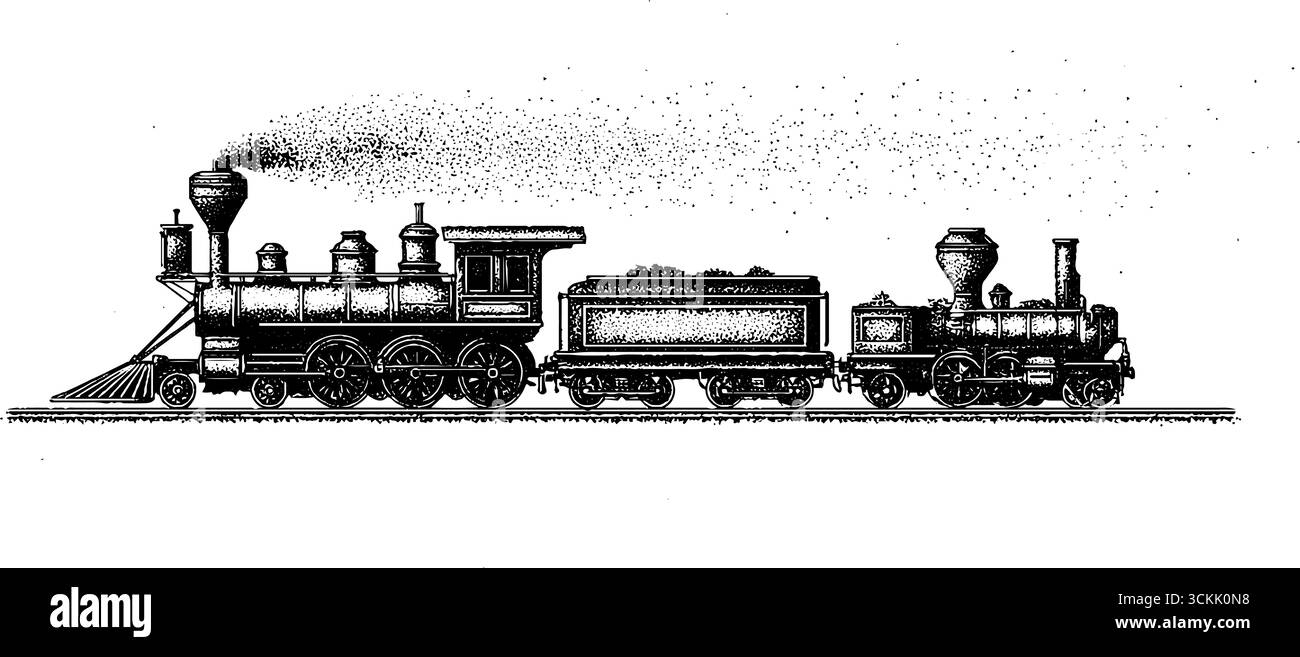 Vintage train engine and railway with smoke puff sketch illustration ...