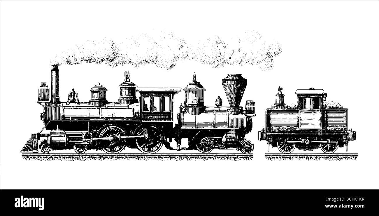 Vintage train engines and railway with smoke puff illustration for ...