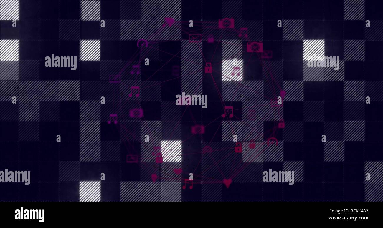 Displaying digital icons hovering over checkered backdrop, with camera, chat and heart Stock Photo
