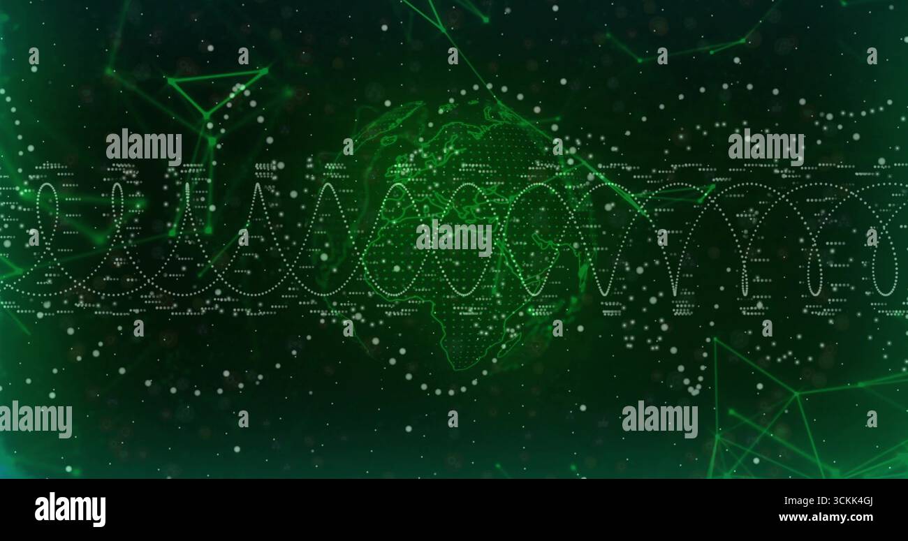 Rotating dotted wireframe globe showing waveform in digital network, with node lines and particles Stock Photo