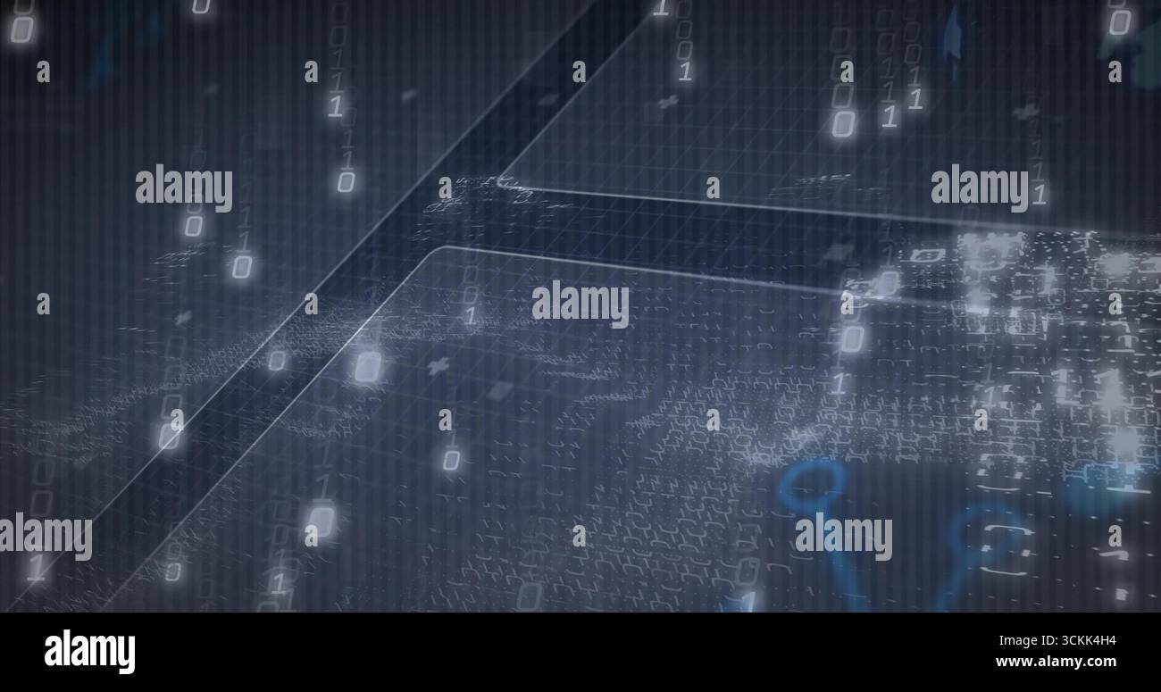 Central node cluster pulsing on circuit pathways in data grid, with streaming binary digits Stock Photo
