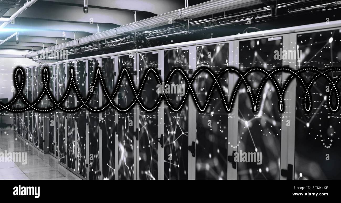 Displaying server cabinets showing waveform overlay, node graphics in data center, cable trays Stock Photo