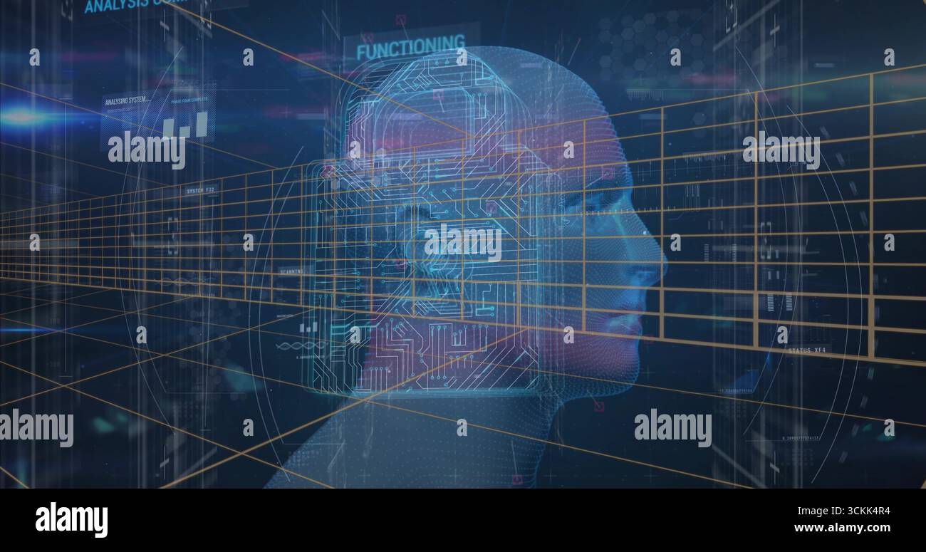 Displaying circuit head silhouette hovering in holographic panel, with grid lines and code snippets Stock Photo