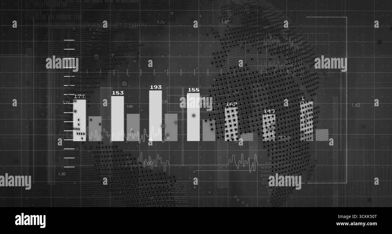 Displaying central bar chart in analytics dashboard, with value labels, gridlines, world map Stock Photo