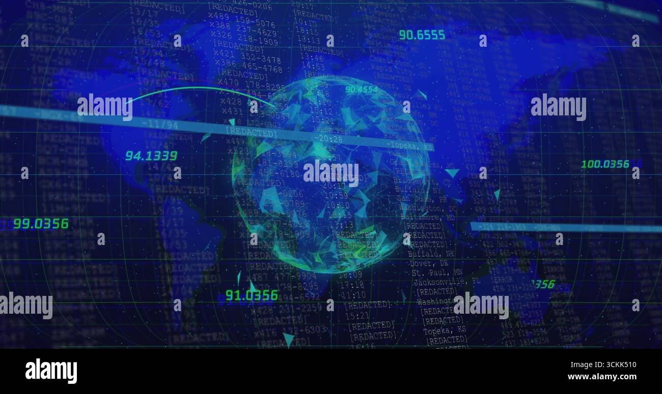 Displaying low-poly globe rotating on digital interface, with grid overlay, numbers and code Stock Photo