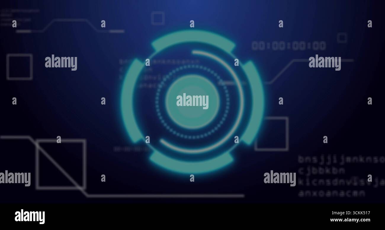 Displaying holographic HUD element glowing on digital panel, with binary digits and code overlays Stock Photo