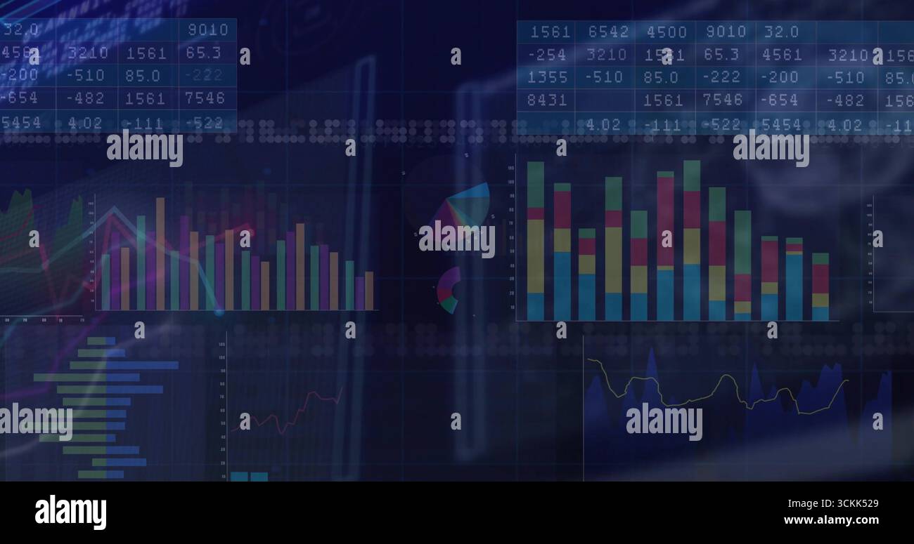 Displaying dark-themed dashboard in software interface, with data panels and bar and line charts Stock Photo