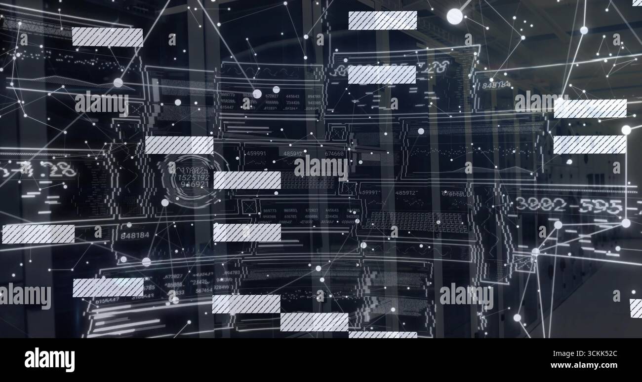 Displaying digital network overlay showing data flow in server room, with server racks, LED lights Stock Photo