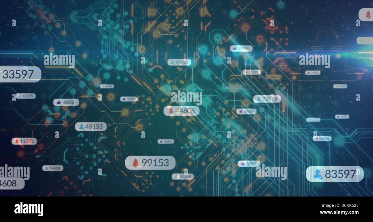 Displaying glowing digital network in dark digital interface, with floating data labels and nodes Stock Photo