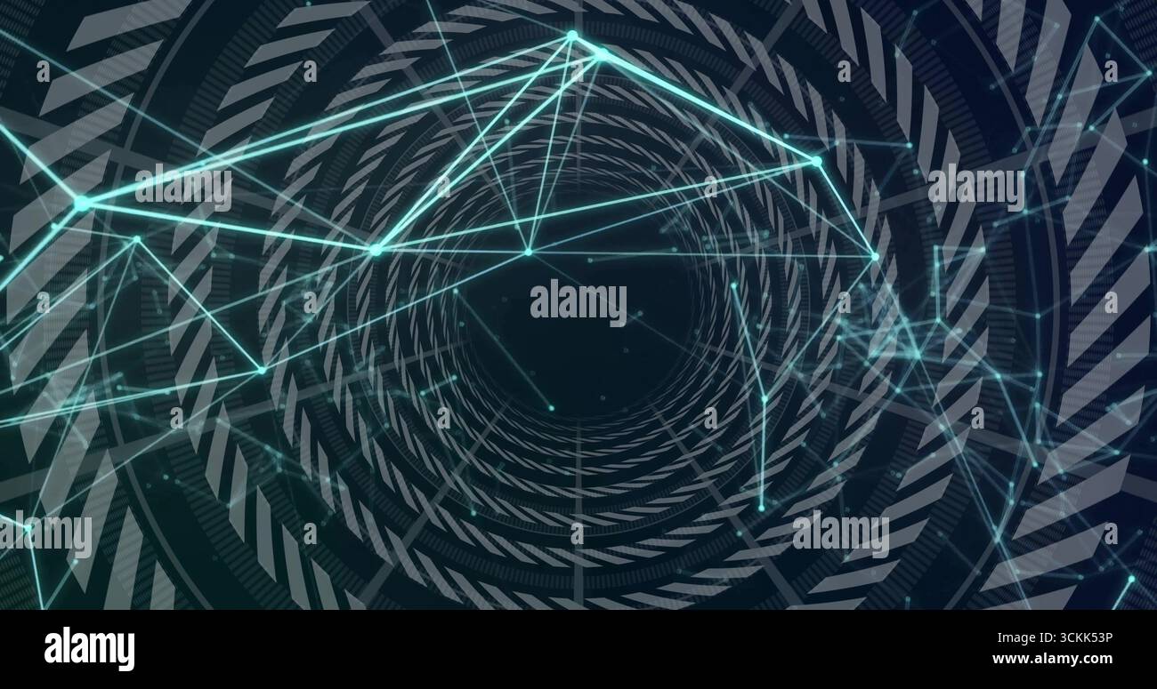 Concentric Nodes Spiraling tunnel in 3D network with illuminated nodes, neon cyan ...