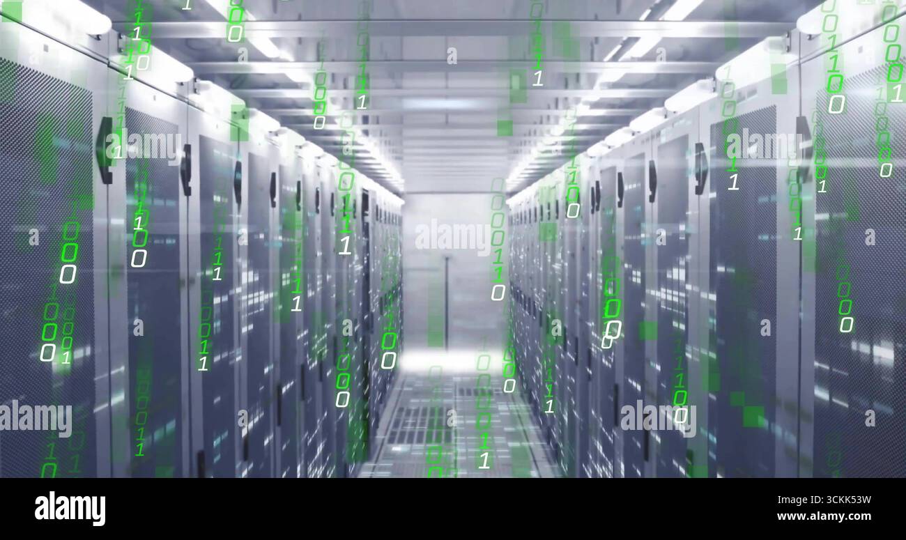 Displaying aisle in data center with server racks, LED indicators, network switches, binary overlay Stock Photo