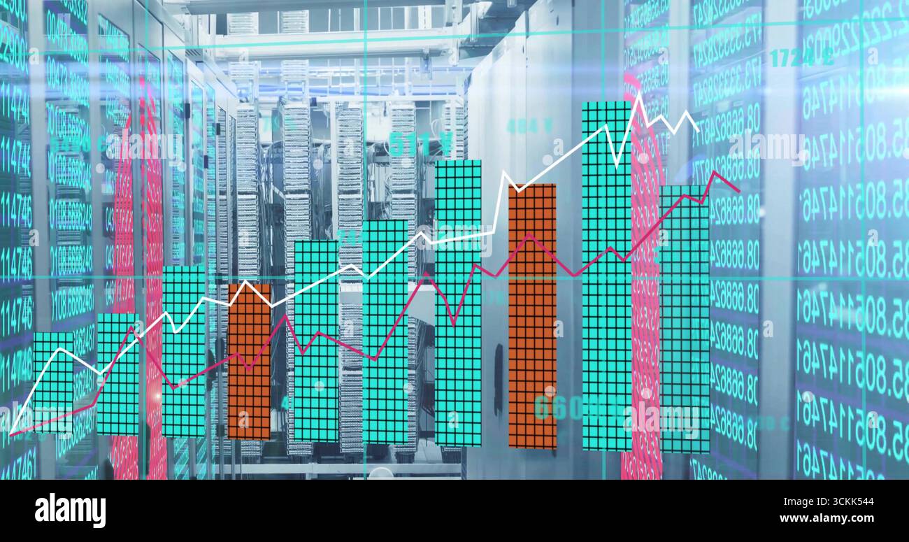 Displaying central server racks streaming metrics in data center corridor, with digital overlays Stock Photo