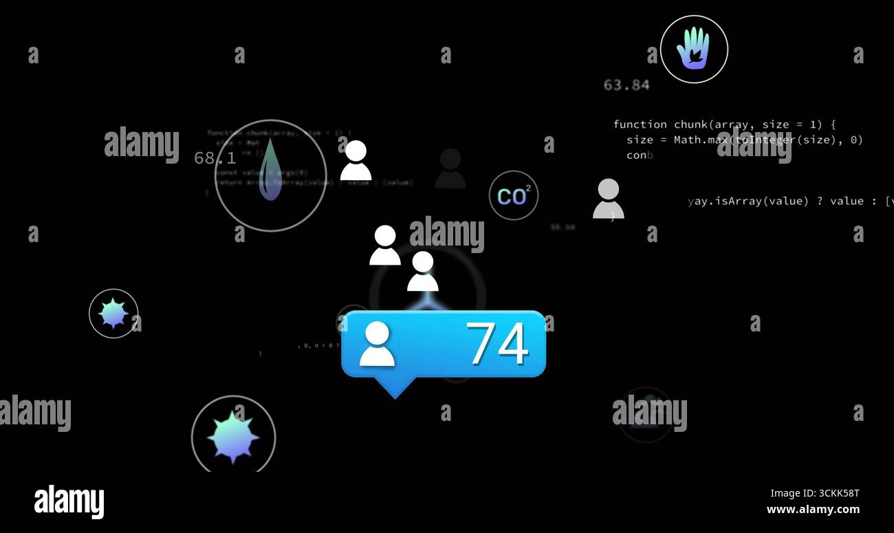 Displaying blue notification bubble showing user icon and number 74 on interface, with data visuals Stock Photo