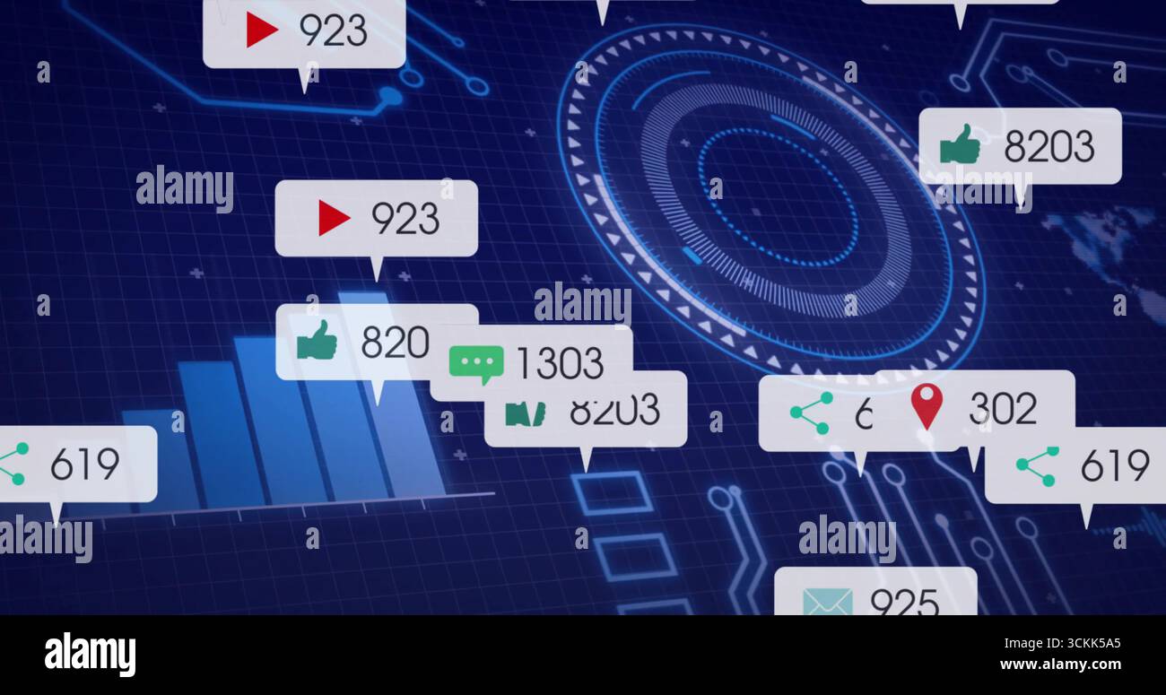 Showing central circular HUD glowing in data dashboard, with notification bubbles and bar chart Stock Photo