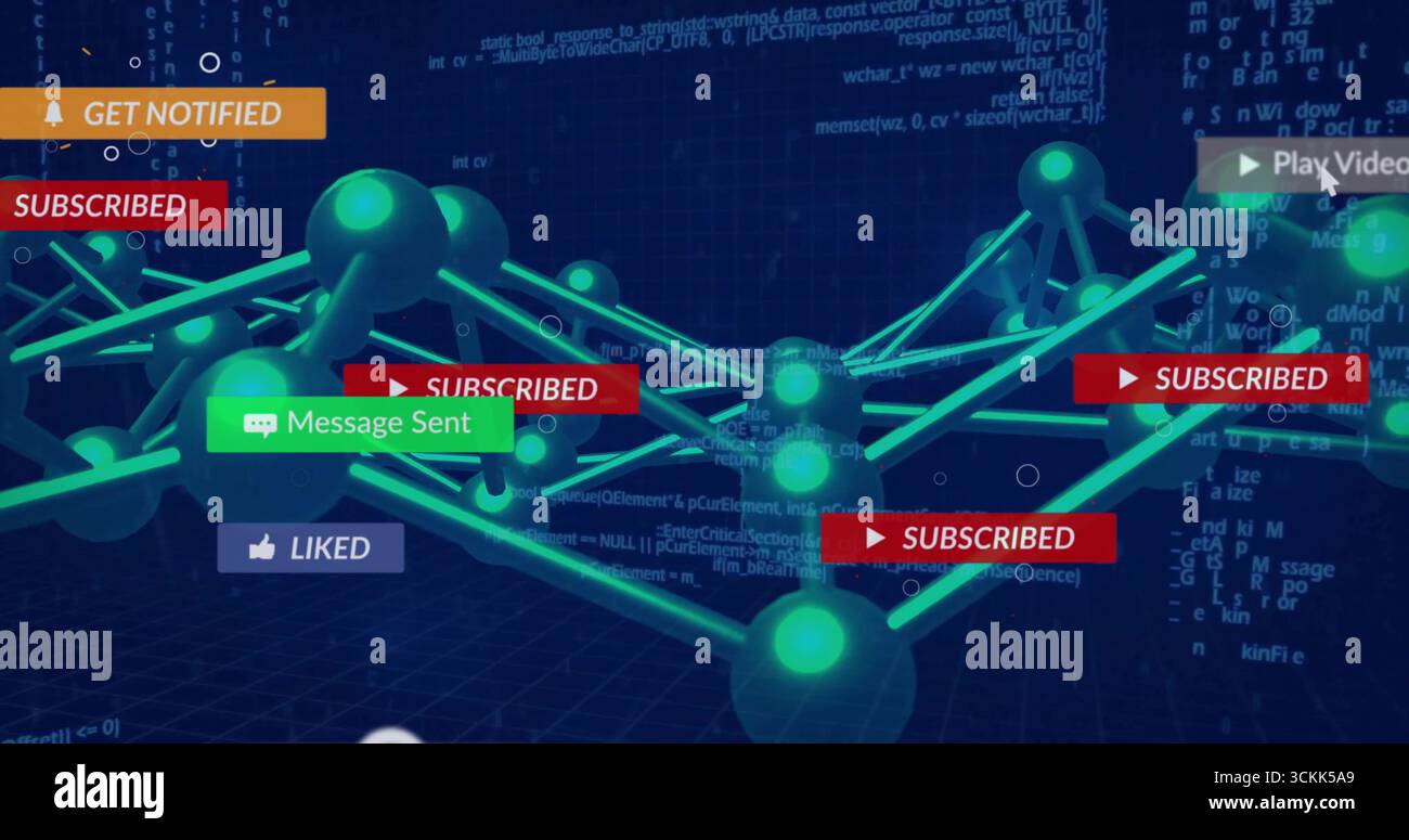 Displaying glowing teal network spheres connecting in virtual data space, with UI notifications Stock Photo