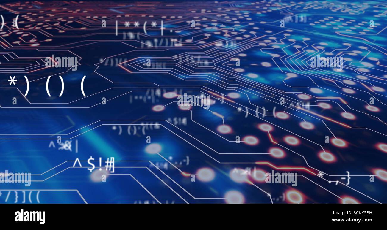 Displaying neon circuit traces with glowing nodes in virtual space, featuring floating code symbols Stock Photo