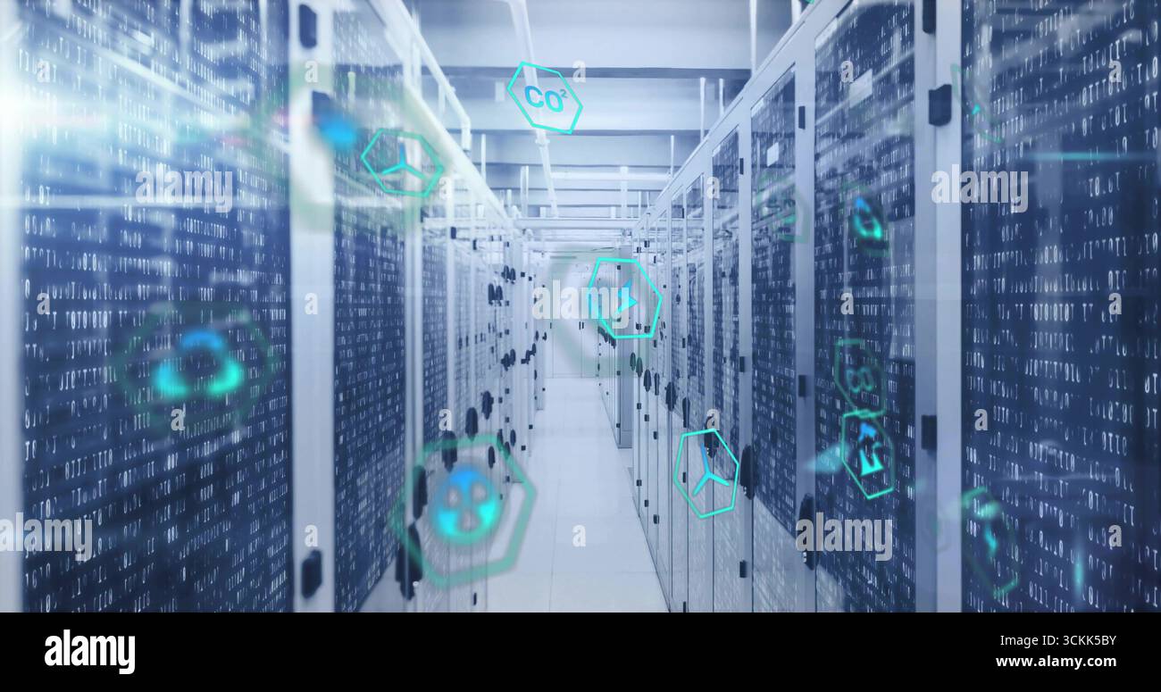 Displaying server racks with network cables, LED panels in data center, with binary code streams Stock Photo