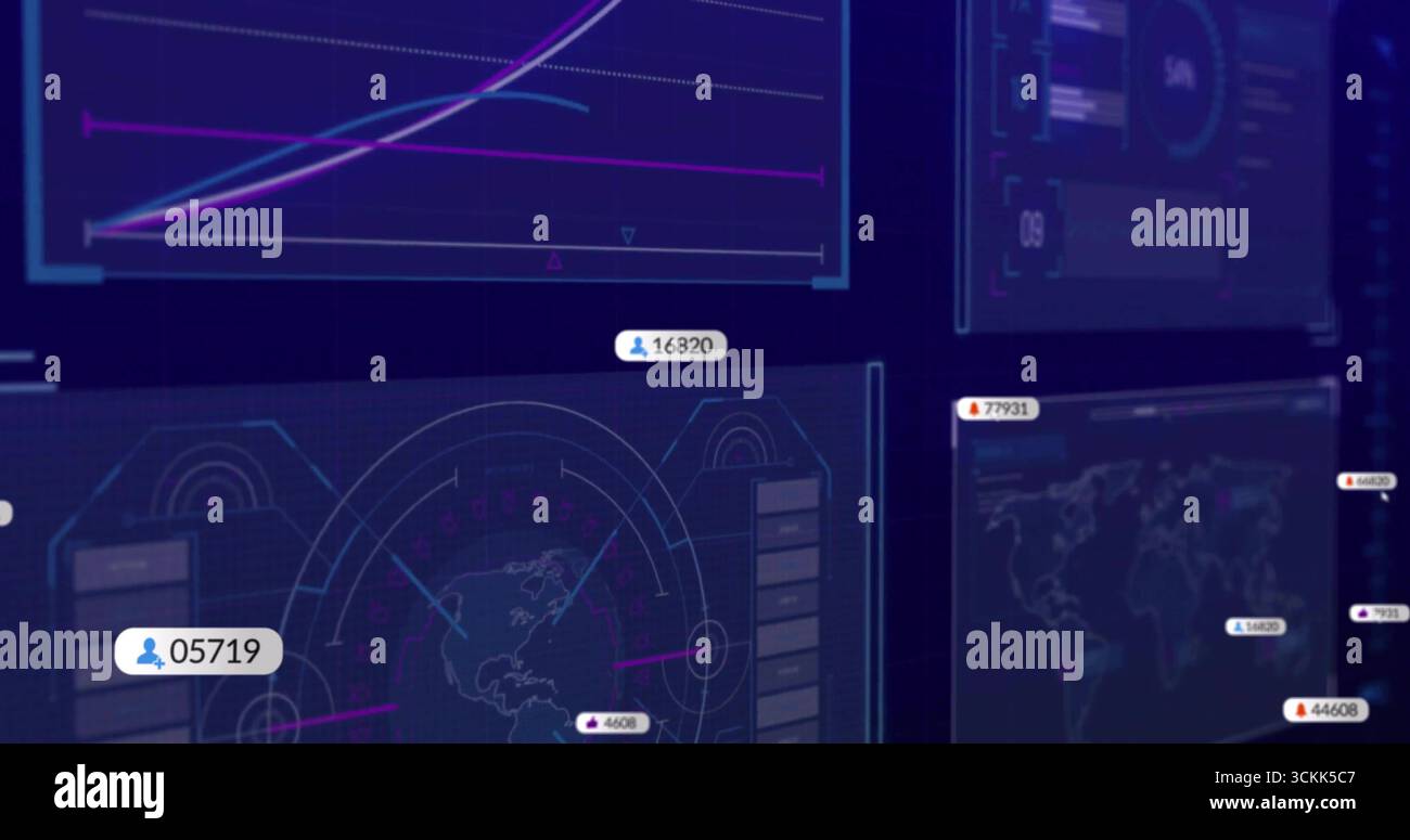 Showing data UI on screen, with line chart, circular world map, panels and floating numeric labels Stock Photo