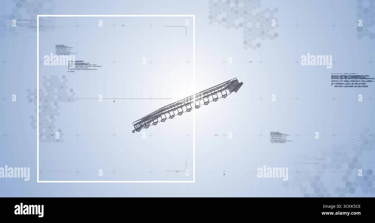 Displaying railcar schematic on interface, with overlay frame, grid, hexagon patterns and tech text Stock Photo