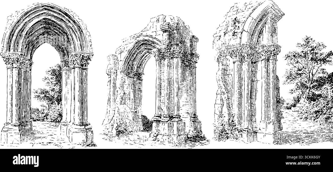 Vintage architectural engraving set: ruins of gothic stone arches in ...